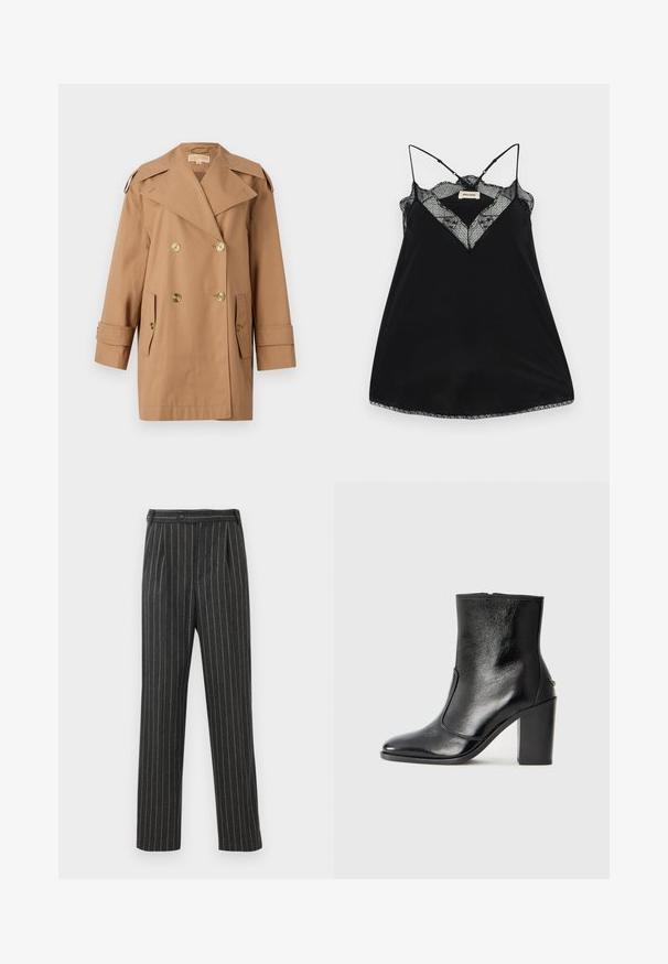 Brūns dubultās krūtis pūķis, kas izgatavots no kokvilnas. Iespējas ietver lielus zeltainus pogas, plašus atlokos un divas priekšējās kabatas. Pusgaras piedurknes.; Melna topiņa ar regulējamiem siksniņām, ar mežģīņu kakla izgriezumu un viļņotām malām. Gluda auduma ar vieglu spīdumu.; Pelēkas svārku bikses ar svītrām, izgatavotas no auduma. Tām ir augsta jostasvieta, priekšējas krokas un taisna kāja. Standarta pogu aizdare.; Melnas ādas potīšu zābaki ar gludu tekstūru, smailu purngalu un masīlu augstu papēdi. Iekļauts sānu atvērums un minimālistisks dizains.