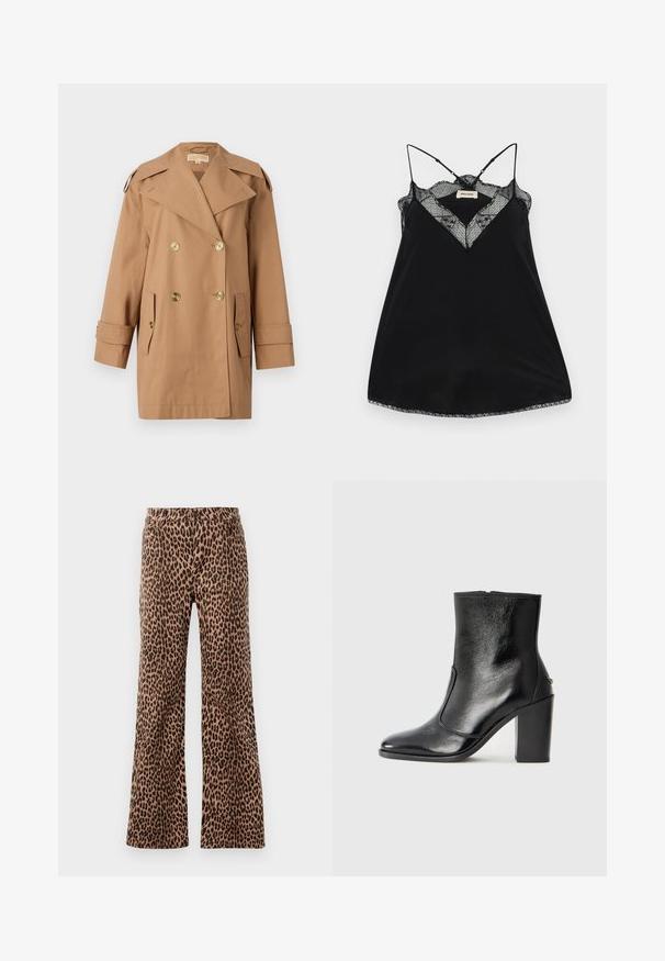 Trench coat marrón de doble botonadura hecho de algodón. Presenta grandes botones dorados, amplias solapas y dos bolsillos frontales. Mangas de longitud media.; Camiseta negra sin mangas con tirantes ajustables, con un escote de encaje en forma de pico y bordes ondulados. Tejido suave con un ligero brillo.; Pantalones anchos de estampado de leopardo en beige y negro, con una textura suave y dobladillo ajustado. Diseño con cinturilla estándar y bolsillos.; Botín negro de cuero con textura suave, puntera puntiaguda y un tacón alto y robusto. Presenta una apertura lateral y un diseño minimalista.