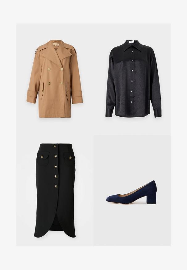 Brūns dubultās krūtis pūķis, kas izgatavots no kokvilnas. Iespējas ietver lielus zeltainus pogas, plašus atlokos un divas priekšējās kabatas. Pusgaras piedurknes.; Melnas garām piedurknēm krekls ar apdari, kas piedāvā samocītu tekstūru, pilnu pogu priekšpusi un aproces. Izgatavots no gludas auduma.; Melnā ceļgala garuma svārki, izgatavoti no gludas auduma, ar priekšējo pogu aizdari, divām sānu kabatām un augstu šķēlumu aizmugurē. Zelta pogu akcenti.; Tumši zili zamšādas kurpes ar norādītu degunu un vidēja augstuma blokveida papēdi. Gluda tekstūra ar smalku spīdumu un nelielu izgriezumu priekšā.