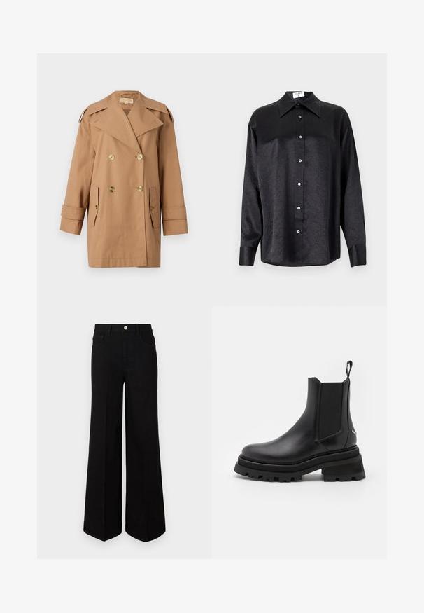 Brauner doppelter Trenchcoat aus Baumwolle. Mit großen goldenen Knöpfen, breiten Revers und zwei Fronttaschen. Mittellange Ärmel.; Schwarzes Langarmhemd mit kragenförmigem Halsausschnitt, mit einem zerknitterten Textur, voller Knopfleiste und Manschetten. Hergestellt aus einem glatten Stoff.; Schwarze weit geschnittene Jeans aus strapazierfähigem Material, mit hoher Taille, Fronttaschen und einem Knopfverschluss vorne. Flacher Saum am Boden.; Schwarze Leder-Chelsea-Boots mit elastischen seitlichen Einsätzen, runder Zehenpartie, robuster Gummisohle und Zugschlaufe an der Ferse. Strukturierte und glatte Oberflächen.