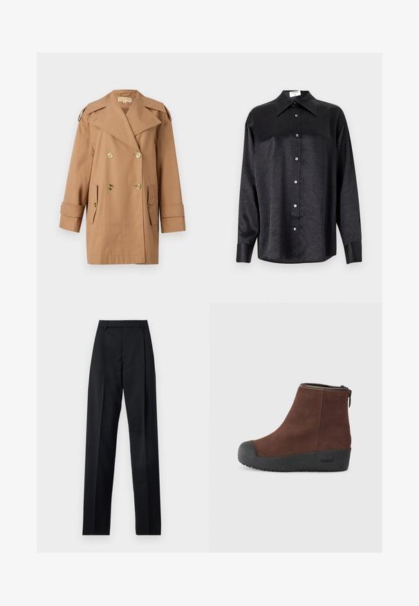 Manteau trench beige à double boutonnage en coton. Équipé de grands boutons dorés, de larges revers et de deux poches avant. Manches mi-longues.; Chemise noire à manches longues avec un col, présentant une texture froissée, une fermeture à boutons sur le devant et des poignets. Fabriquée en tissu lisse.; Pantalon noir en tissu lisse avec taille haute, jambes larges, plis à l'avant et passants de ceinture classiques. Pas de poches latérales visibles.; Bottine en suède marron avec un bout rond, une semelle en caoutchouc noir texturé, et une fermeture éclair sur le côté. Marquage discret sur le talon et près de la fermeture éclair.