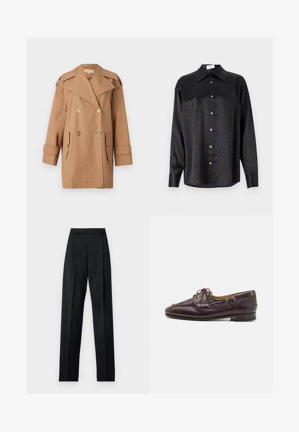 Brun dobbeltbrystet trenchcoat lavet af bomuld. Har store guldknapper, brede revers og to forlommer. Mellemlange ærmer.; Sort langærmet skjorte med krave, der har en krøllet tekstur, fuld knaplukning foran og manchetter. Lavet af et glat stof.; Sorte bukser lavet af glat stof, der har høj talje, brede ben, frontfolder og klassiske bælteløkker. Ingen synlige sidelommer.; Brune læder loafers med en struktureret design, guldøje og snørebånd. Har en lav hæl og detaljeret syning langs vampen.