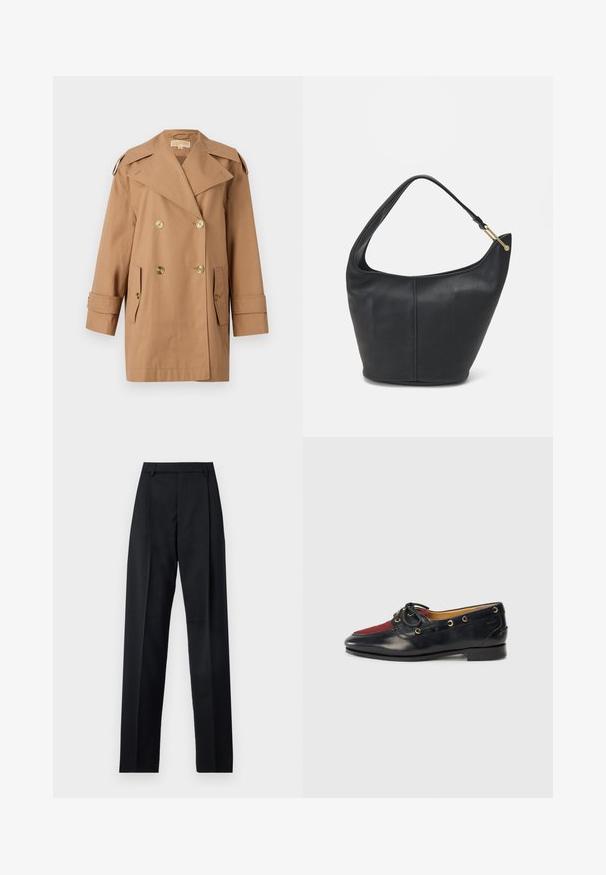 Brown double-breasted trench coat made of cotton. Features large gold buttons, wide lapels, and two front pockets. Mid-length sleeves.; Black long-sleeve shirt with a collared neckline, featuring a crinkled texture, full button front, and cuffs. Made from a smooth fabric.; Black trousers made from smooth fabric featuring a high waist, wide legs, front pleats, and classic belt loops. No side pockets visible.; Black leather boat shoe featuring a red suede toe, gold eyelets, and a decorative bow. Smooth texture with a low block heel.; Black leather handbag with a rounded shape, a wide strap, and a textured finish. Features a subtle seam detail and a gold-tone hardware accent.