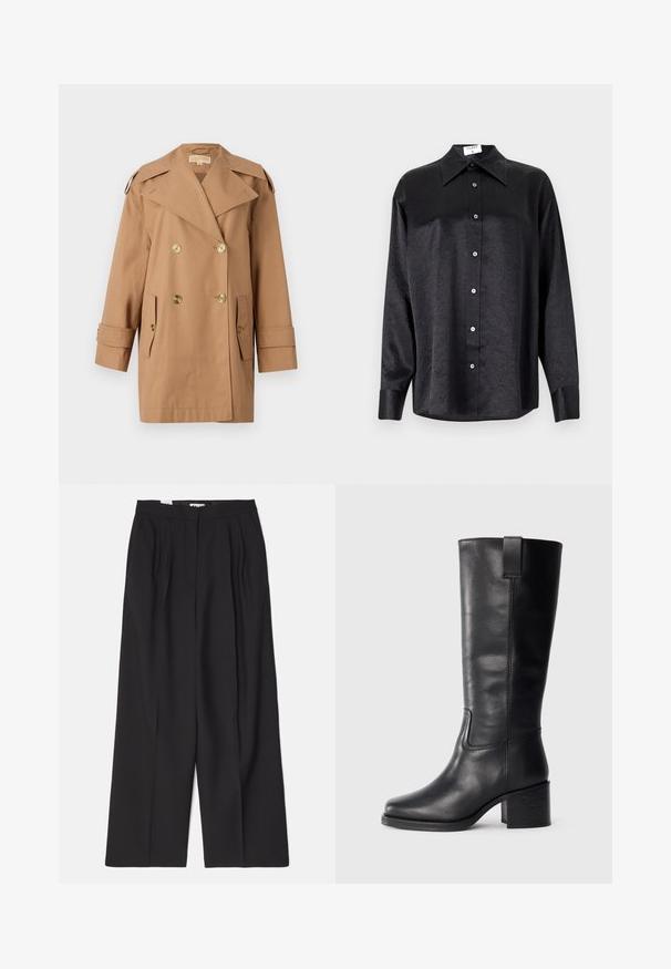 Pruun topeltkliendiga vihmamantel, mis on valmistatud puuvillast. Omab suuri kuldseid nööpe, laiu krae ja kahte esikotti. Keskmise pikkusega varrukad.; Musta pikemate varrukatega särk, millel on krae ja kortsus tekstuur, täispikk nööpidega eesmine osa ja varrukate mansetid. Valmistatud siledast kangast.; Bally Püksid - black; Musthave mustad nahktoodete bikiinibootid, millel on sile pind, ruudukujuline varvas, plokk-kand ja külgmine tõmbeaas, minimaalse õmblusega detailid.