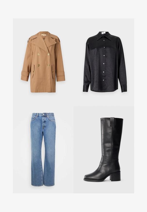 Ruskea kaksirivinen trench-takki, joka on valmistettu puuvillasta. Varustettu suurilla kultaisilla nappeilla, leveillä kauluksilla ja kahdella etutaskulla. Puolipitkät hihat.; Musta pitkähiha vaarallista paitaa, jossa on kauluspanta, ryppytynyt pinta, täysi napitus edessä ja hihansuut. Valmistettu sileästä kankaan.; Vaaleat korkeavyötäröiset farkut, joissa on suora ja leveä lahje. Ominaisuudet klassinen denimkohta ja viisi taskua. Sileä pinta.; Mustat nahkasaappaat, jotka ulottuvat polveen, sileällä pinnalla, neliön muotoisella varvalla, tukkipohjalla ja sivussa olevalla vetoketjulla, joissa on vain minimaalista ompelua.