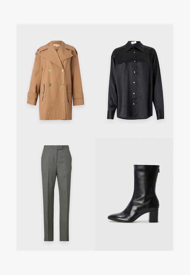 Barna, dupla gombos esőkabát, amely pamutból készült. Nagy arany gombokkal, széles hajtókákkal és két elülső zsebbel rendelkezik. Közepes hosszúságú ujjak.; Fekete, hosszú ujjú ing, galléros nyakkal, gyűrött textúrával, teljes gombos elejével és mandzsettákkal. Simaságú anyagból készült.; Szürke mintás nadrág, egyenes láb kialakítással, szövetből készült, lapos elülső résszel és övhurkokkal a deréknál.; Fekete bőr bokacipő hegyes orral és 4 cm-es blokkfallal. Simán díszített designja oldalra nyíló cipzárral rendelkezik, ami megkönnyíti a felvételt. Simább textúrával.