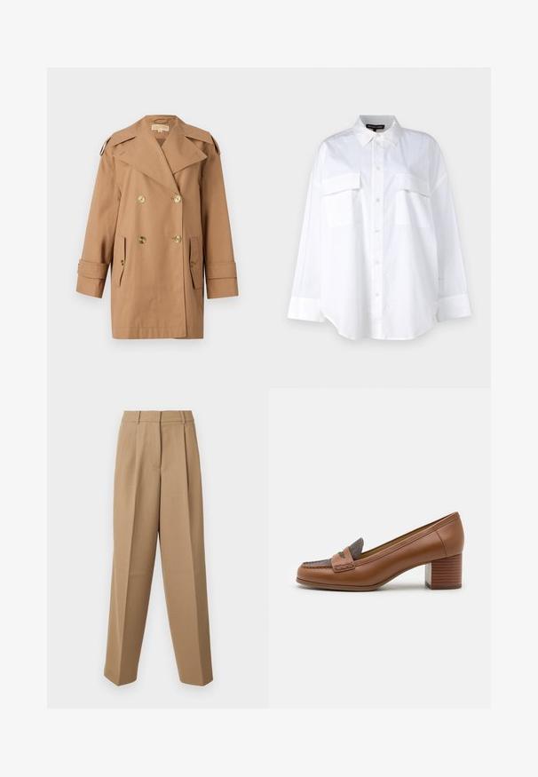 Barna, dupla gombos esőkabát, amely pamutból készült. Nagy arany gombokkal, széles hajtókákkal és két elülső zsebbel rendelkezik. Közepes hosszúságú ujjak.; Fehér gombos ing, pamutból készült, klasszikus gallérral, két mellzsebével és hosszú ujjaival, amelyek mandzsettával rendelkeznek. Sima textúra.; Beige színű, magas derekú, plissézett elejű és széles szárú, testre szabott nadrág. Az anyag sima tapintású, enyhe fénylő hatással.; MICHAEL Michael Kors FRANCES - Klasszikus sarkú cipők - luggage