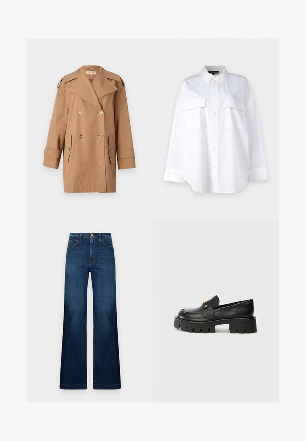 Brown double-breasted trench coat made of cotton. Features large gold buttons, wide lapels, and two front pockets. Mid-length sleeves.; White button-up shirt made of cotton, featuring a classic collar, two chest pockets, and long sleeves with cuffs. Smooth texture.; Wide-leg dark blue jeans made of denim, featuring a high waist, front pockets, and contrasting orange stitching details.; Black leather loafers with a chunky sole, featuring a gold-tone accent on the front and a smooth finish. Chunky tread design on the sole.