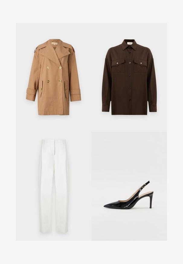 Brun dobbeltbrystet trenchcoat lavet af bomuld. Har store guldknapper, brede revers og to forlommer. Mellemlange ærmer.; Mørkebrun langærmet skjorte med knaplukning, to brystlommer med klap og en klassisk krave, præsenteret mod en helt hvid baggrund.; Paul Smith Bukser - white; Sort patenteret læder slingback stiletto med spids tå, slank hæl og et subtilt udskæringsdesign. Har en gylden spænde på remmen.