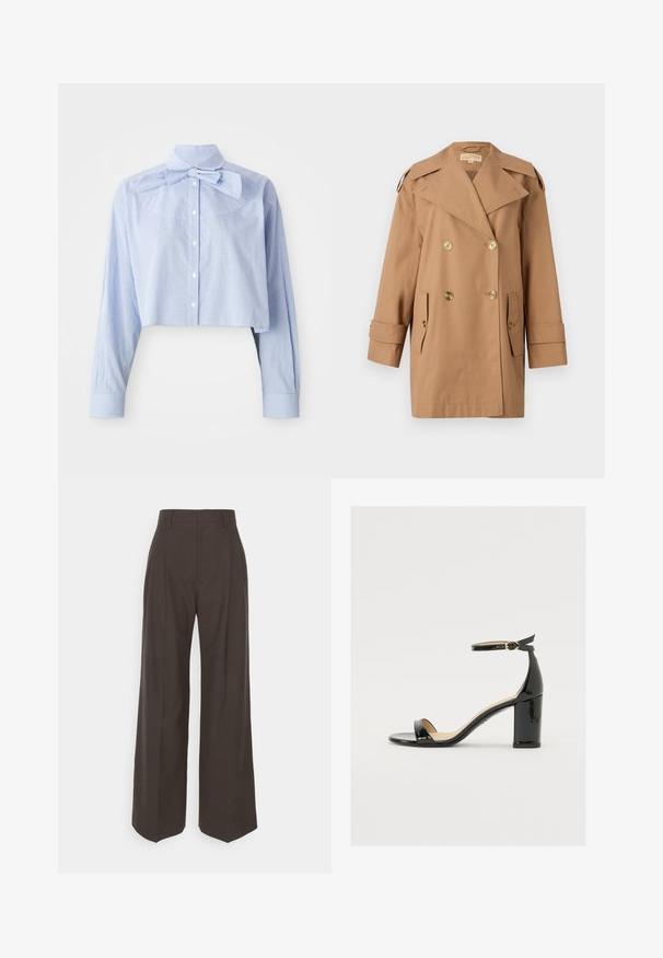 Pruun topeltkliendiga vihmamantel, mis on valmistatud puuvillast. Omab suuri kuldseid nööpe, laiu krae ja kahte esikotti. Keskmise pikkusega varrukad.; Helehelesinine ja valge väikeste ruudutega lühike pluus, pikad varrukad, nööpidega ees, kõrge krae ja suur lipsu detail.; Tumepruunid lai jalad püksid kõrge vöökohaga, millel on korralikult pressitud kortsud, sile tekstuur ja täpselt sobiv lõige.; Must musta nahk sandaalid laia kanna, avatud varvaste ja ankletihaga, millel on kuldne pandla. Sile tekstuur ja elegantne disain.