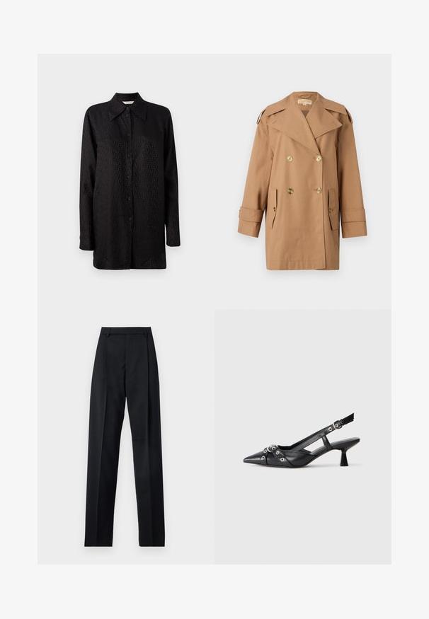 Brązowy dwurzędowy płaszcz trencherowy wykonany z bawełny. Zawiera duże złote guziki, szerokie klapy i dwie przednie kieszenie. Rękawy o średniej długości.; Czarna koszula zapinana na guziki, wykonana z gładkiego materiału, z delikatnym, teksturowanym wzorem, z pointed kołnierzykiem i długimi rękawami.; Czarne spodnie wykonane z gładkiego materiału, z wysokim stanem, szerokimi nogawkami, fałdami z przodu i klasycznymi szlufkami na pasek. Brak widocznych kieszeni bocznych.; Czarne skórzane buty typu slingback z ostrym noskiem, ozdobnymi paskami z metalowymi oczkami oraz niskim klinowym obcasem. Teksturowana powierzchnia.