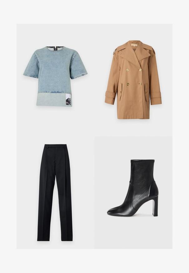 Brūns dubultās krūtis pūķis, kas izgatavots no kokvilnas. Iespējas ietver lielus zeltainus pogas, plašus atlokos un divas priekšējās kabatas. Pusgaras piedurknes.; Gaiši zils džinsa T-krekls ar īsām piedurknēm, noapaļota kakla izgriezte, kontrastējošs apakšējais panelis un kalnu grafikas etiķete kreisajā pusē.; Melnas bikses, izgatavotas no gludas auduma, ar augstu vidukli, platiem bikšu galdniekiem, priekšējiem krokām un klasiskām jostu cilpām. Sānu kabatas nav redzamas.; Melnas ādas potītes zābaks ar elegantu dizainu, norādītu pirkstu un augstu kvadrātveida papēdi. Ir gluda tekstūra un minimālisma šuvju detaļas.