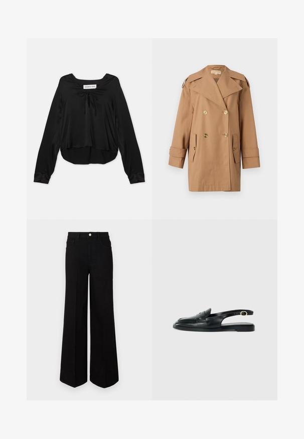 Manteau trench beige à double boutonnage en coton. Équipé de grands boutons dorés, de larges revers et de deux poches avant. Manches mi-longues.; Haut noir à manches longues en tissu lisse avec un décolleté en scoop, agrémenté d'un nœud décoratif, une coupe décontractée et un ourlet arrondi.; Jean large noir fabriqué dans un tissu robuste, avec une taille haute, des poches avant et une fermeture à bouton à l'avant. Ourlet plat en bas.; Chaussure slingback en cuir noir avec un bout arrondi, semelle plate, découpes sur les côtés et une sangle ornée d'un détail en métal doré.