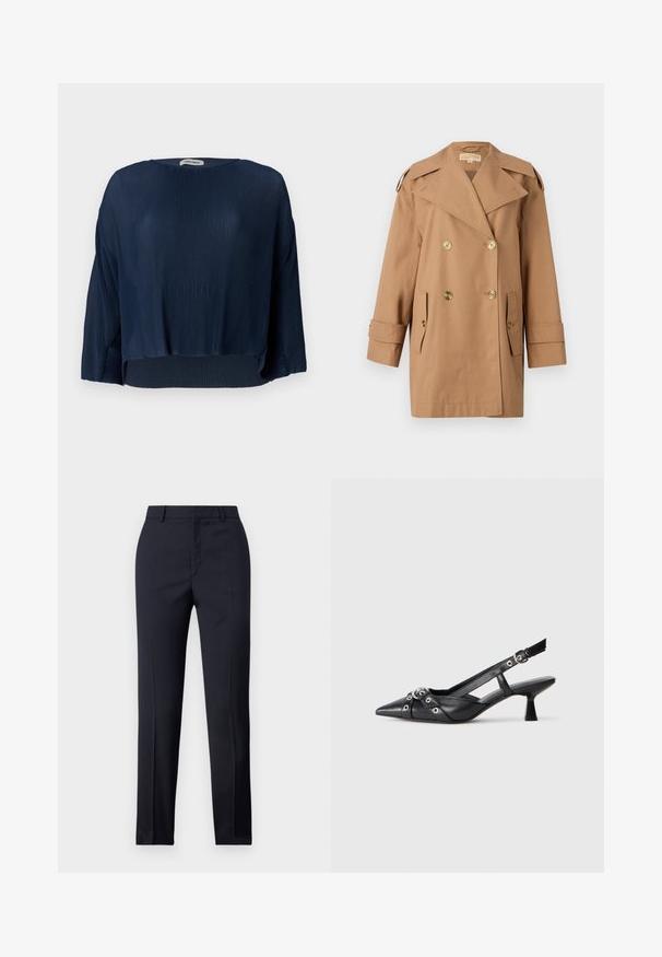 Hnědý dvouřadý trenčkot vyrobený z bavlny. Obsahuje velké zlaté knoflíky, široké klopy a dvě přední kapsy. Rukávy jsou střední délky.; Námořnický žebrovaný top s kulatým výstřihem, širokými rukávy a zkráceným lemem. Materiál má měkký, strukturovaný vzhled a volný střih.; Navy kalhoty s rovný střih, vyrobené z hladkého materiálu, se dvěma předními kapsami a čistým pasem.; Černé kožené slingback boty s špičatou špičkou, dekorativními pásky s kovovými očky a nízkým blokovým podpatkem. Texturovaný povrch.