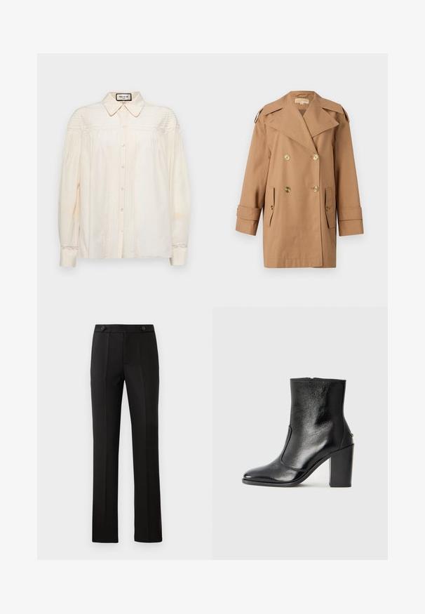 Brauner doppelter Trenchcoat aus Baumwolle. Mit großen goldenen Knöpfen, breiten Revers und zwei Fronttaschen. Mittellange Ärmel.; Cremfarbige Bluse mit Knopfleiste und Kragen, ausgestattet mit vertikalen Falten und Spitze an Schultern und Manschetten. Weicher Stoff mit langen Ärmeln.; Schwarze maßgeschneiderte Hose mit geradem Bein, zwei vorderen Taschen, einem Knopfverschluss und unteren Falten vorne. Glatte Stofftextur.; Schwarze Leder-Stiefelette mit glatter Textur, spitzem Fuß und klobigem hohen Absatz. Verfügt über eine seitliche Öffnung und ein minimalistisches Design.