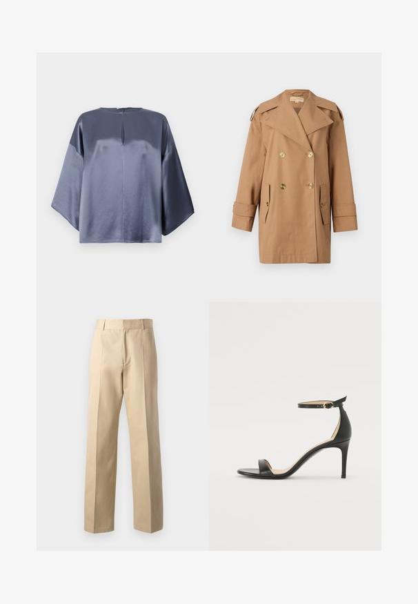 Barna, dupla gombos esőkabát, amely pamutból készült. Nagy arany gombokkal, széles hajtókákkal és két elülső zsebbel rendelkezik. Közepes hosszúságú ujjak.; Szürke selyem felső, laza szabással, kerek nyakkivágással és diszkrét elülső hasítékkal, könyök hosszú ujjakkal.; Beige, egyenes szárú, szabott nadrág sima textúrával, középső elülső redőkkel és klasszikus derékrésszel.; Fekete bőr magassarkú szandál bokapánttal. Simább textúrájú, nyitott orrú és vékony sarkú. Arany színű csat részlet.