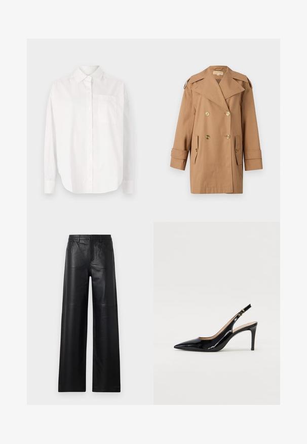 Cappotto trench doppiopetto marrone realizzato in cotone. Caratterizzato da grandi bottoni dorati, ampi risvolti e due tasche frontali. Maniche di lunghezza intermedia.; Camicia bianca a maniche lunghe in cotone. Presenta un colletto con bottoni, tasca frontale e una linea dritta con chiusura a bottoni.; Pantaloni in pelle nera a gamba larga con una texture liscia, dotati di tasche frontali, chiusura a bottone e dettagli di cucitura sottili.; Pumps slingback in pelle verniciata nera con punta affilata, tacco sottile e un design con ritagli delicati. Caratterizzate da una fibbia dorata sul cinturino.