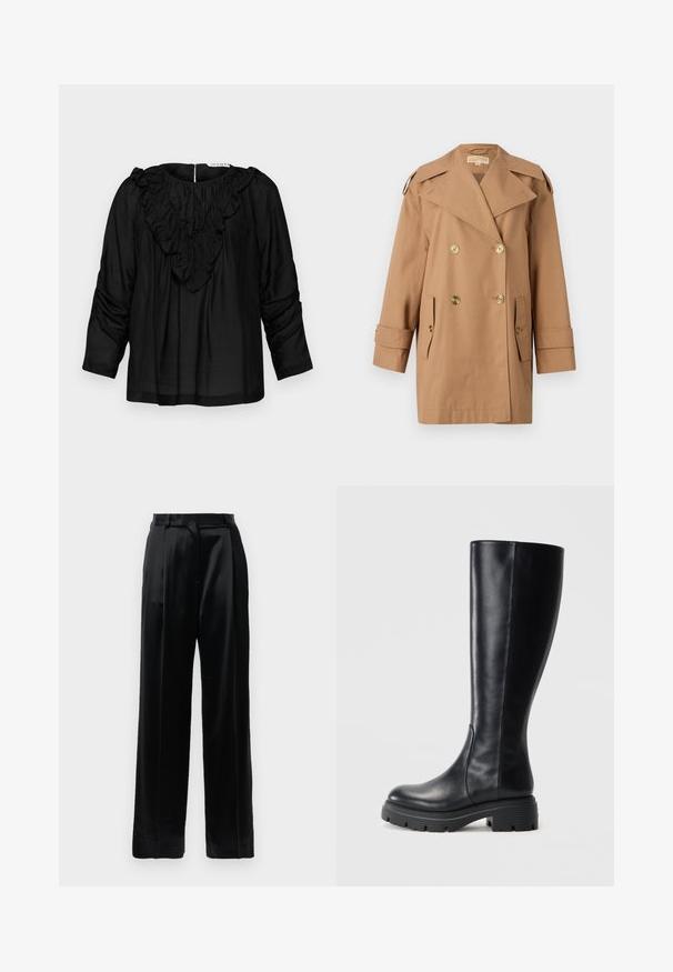 Pruun topeltkliendiga vihmamantel, mis on valmistatud puuvillast. Omab suuri kuldseid nööpe, laiu krae ja kahte esikotti. Keskmise pikkusega varrukad.; Mustmustükk musta bluusiga, millel on volangiga V-kaelus, kolmeveerandilise pikkusega varrukad ja kogutud detailid õlgadel, valmistatud siledast ja kergest kangast.; Mustad kõrge vöökohaga satiinstruktuuriga püksid, sirgete laiade jalgadega, vööloopide ja lapiku eeskinni sulgemisega valge tausta ees.; Siled mustad põlvini saapad, mis on valmistatud siledast nahast, ümmarguse varbaga ja jõulise kummist tallaga, millel on mustriga pind hea haardumise tagamiseks.