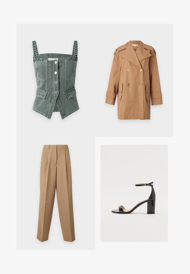 Pruun topeltkliendiga vihmamantel, mis on valmistatud puuvillast. Omab suuri kuldseid nööpe, laiu krae ja kahte esikotti. Keskmise pikkusega varrukad.; Roheline denimist büstier ülakott, millel on reguleeritavad rihmad, eesne nupule suletus, kaks küljetaskut ja tekstuuriga mustad aktsendid rihmadel.; Beige ülihästi istuvad püksid kõrge vöökohtaga, kortsunud esiosas ja laia säärega lõikega. Kanga pind näeb välja sile ja kerge läikega.; Must musta nahk sandaalid laia kanna, avatud varvaste ja ankletihaga, millel on kuldne pandla. Sile tekstuur ja elegantne disain.