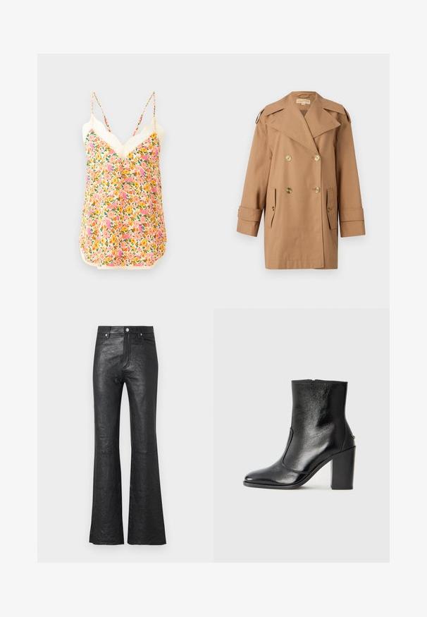 Palton bej din bumbac, cu dublu rând de nasturi. Prezintă nasturi mari aurii, rever lățit și două buzunare frontale. Mâneci de lungime medie.; Top floral cu bretele reglabile, prezentând un model vibrant de flori roz, portocalii și galbene, cu un detaliu din dantelă decorativă la decolteu.; Pantaloni din piele neagră evazați, cu o textură crăpată, talie înaltă, buzunare frontale și închidere clasică cu nasture și fermoar.; Botină din piele neagră, cu o textură netedă, vârf ascuțit și toc gros, înalt. Dispune de o deschidere laterală și un design minimalist.