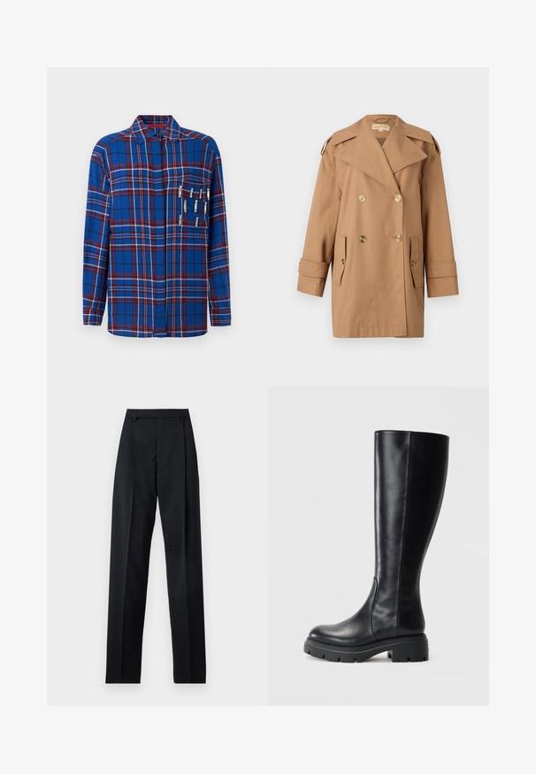 Trench coat marrón de doble botonadura hecho de algodón. Presenta grandes botones dorados, amplias solapas y dos bolsillos frontales. Mangas de longitud media.; Camisa de cuadros azul de manga larga con acentos en rojo y blanco, incluye alfileres de seguridad decorativos en el bolsillo del pecho, con un diseño de cuello.; Pantalones negros de tela suave con cintura alta, piernas amplias, pliegues frontales y lazos de cinturón clásicos. No hay bolsillos laterales visibles.; Botas negras hasta la rodilla hechas de cuero suave, con una punta redonda y una suela de goma gruesa con patrones de relieve para mayor tracción.