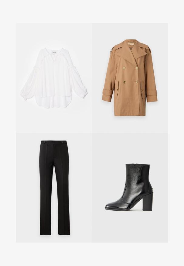Hnedý dvojradový trenčkot vyrobený z bavlny. Obsahuje veľké zlaté gombíky, široké klopy a dve predné vrecká. Rukávy sú strednej dĺžky.; Biela blúzka s voľným, vrstveným dizajnom. Obsahuje dlhé, vzdušné rukávy a textúrovaný lem pozdĺž výstrihu a lemu. Mäkko tkanina.; Čierne nohavice na mieru so rovnými nohavicami, dvoma prednými vreckami, gombíkovým zapínaním a skladaním na prednej strane. Hladká textúra látky.; Čierna kožená kotníková obuv s hladkým povrchom, špicatou špičkou a masívnym vysokým podpätkom. Zdobená bočným otvorom a minimalistickým dizajnom.