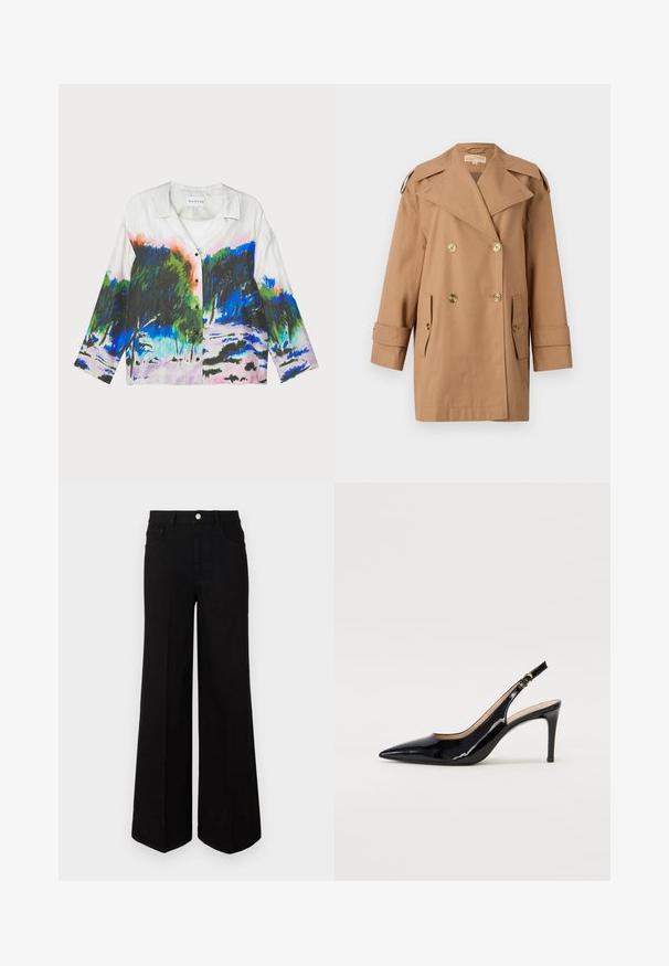 Brauner doppelter Trenchcoat aus Baumwolle. Mit großen goldenen Knöpfen, breiten Revers und zwei Fronttaschen. Mittellange Ärmel.; Kurzarmhemd aus weißem Stoff mit einem lebhaften abstrakten Landschaftsprint in Grün-, Blau- und Rosatönen; Knopfleiste vorne.; Schwarze weit geschnittene Jeans aus strapazierfähigem Material, mit hoher Taille, Fronttaschen und einem Knopfverschluss vorne. Flacher Saum am Boden.; Schwarz lackierte Slingback-Pumps mit spitzem Zehenbereich, schlankem Absatz und einem subtilen Ausschnittdesign. Verfügt über eine goldene Schnalle am Riemen.