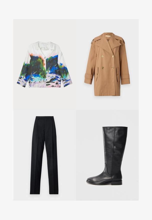 Trench coat marrón de doble botonadura hecho de algodón. Presenta grandes botones dorados, amplias solapas y dos bolsillos frontales. Mangas de longitud media.; Camisa de manga corta con una tela blanca y un vibrante estampado de paisaje abstracto en verdes, azules y rosas; con cierre de botones en la parte delantera.; Pantalones negros de tela suave con cintura alta, piernas amplias, pliegues frontales y lazos de cinturón clásicos. No hay bolsillos laterales visibles.; Bota de cuero negra hasta la rodilla con un tacón bajo y punta redondeada, mostrando detalles de costura a lo largo del eje y el empeine.