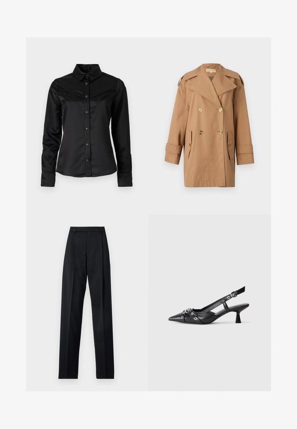 Brown double-breasted trench coat made of cotton. Features large gold buttons, wide lapels, and two front pockets. Mid-length sleeves.; Black satin shirt featuring a button-down front, pointed collar, and Western-style yoke with two chest pockets. Long sleeves with cuffs.; Black trousers made from smooth fabric featuring a high waist, wide legs, front pleats, and classic belt loops. No side pockets visible.; Black leather slingback shoe with a pointed toe, decorative straps featuring metal eyelets, and a low block heel. Textured surface.