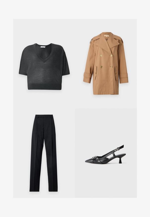Brązowy dwurzędowy płaszcz trencherowy wykonany z bawełny. Zawiera duże złote guziki, szerokie klapy i dwie przednie kieszenie. Rękawy o średniej długości.; Czarna krótka koszulka z lekkiego materiału, z dekoltem w serek, krótkimi rękawami i prążkowanym wykończeniem. Minimalistyczny design bez wzorów i akcentów.; Czarne spodnie wykonane z gładkiego materiału, z wysokim stanem, szerokimi nogawkami, fałdami z przodu i klasycznymi szlufkami na pasek. Brak widocznych kieszeni bocznych.; Czarne skórzane buty typu slingback z ostrym noskiem, ozdobnymi paskami z metalowymi oczkami oraz niskim klinowym obcasem. Teksturowana powierzchnia.