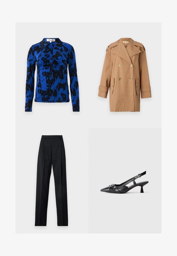 Hnedý dvojradový trenčkot vyrobený z bavlny. Obsahuje veľké zlaté gombíky, široké klopy a dve predné vrecká. Rukávy sú strednej dĺžky.; Košeľa s dlhým rukávom v modro-čiernom abstraktnom vzore. Má golierový výstrih a zapínanie na gombíky s nariasenými detailmi v strede.; Čierne nohavice vyrobené z hladkej látky s vysokým pásom, širokými nohavicami, prednými záhybmi a klasickými pútkami na opasok. Žiadne bočné vrecká nie sú viditeľné.; Čierne kožené slingback topánky s špicatou špičkou, ozdobnými popruhmi s kovovými očkami a nízkym blokovým podpätkom. Textúrovaný povrch.