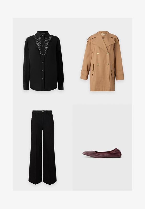 Pruun topeltkliendiga vihmamantel, mis on valmistatud puuvillast. Omab suuri kuldseid nööpe, laiu krae ja kahte esikotti. Keskmise pikkusega varrukad.; Must musta varrukatega nööbitav särk, millel on pitsdetailide paneel esiosas ja terav krae.; Mustad mustad laiad teksad, millel on kõrge vöökoht, ees taskud ja ees nuppude sulgemine. Üksik serv all.; Sügisene burgundi puhkepaar nahast ballett, millel on ümar nina, elastne serv ja sile tekstuur koos peene plekkimise detailiga.