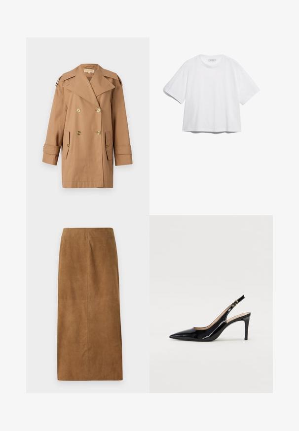 Pruun topeltkliendiga vihmamantel, mis on valmistatud puuvillast. Omab suuri kuldseid nööpe, laiu krae ja kahte esikotti. Keskmise pikkusega varrukad.; Valge puuvillane T-särk lühikeste varrukatega, ümar kaelus, vaba lõige ning ilma nähtavate mustrite või graafikateta. Sile tekstuur ja lihtne disain.; Pruun nahast midi-seelik sirge lõikega, sile tekstuur ja puhtad õmblused. Ei sisalda nähtavaid sulgemisi ega täiendavaid lisandeid.; Must hõbedavärvi patendiga slingback kontsakingad terava varbaga, kitsas konts ja peene lõikega disain. Statistika on kuldne pandla rihmal.