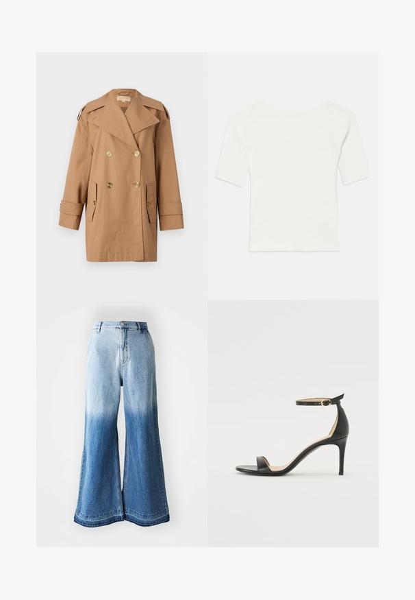 Brūns dubultās krūtis pūķis, kas izgatavots no kokvilnas. Iespējas ietver lielus zeltainus pogas, plašus atlokos un divas priekšējās kabatas. Pusgaras piedurknes.; Balts ribots īsām piedurknēm tops ar plašu dekoltē. Raksts ietver vertikālas līnijas, uzsverot ciešu piegulšanu un vienkāršu dizainu.; Gaiši zilas denima brīvas kājas džinsi ar izbalējušu gradientu no gaiša līdz tumšam, šūts apmale un piecu kabatu dizains.; Melnas ādas augstpapēžu sandales ar potītes siksniņu. Iezīmes gluda tekstūra, atvērta purngala un plāna papēža. Zelta krāsas sprādzes detaļa.