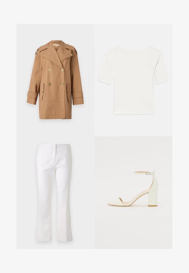Hnedý dvojradový trenčkot vyrobený z bavlny. Obsahuje veľké zlaté gombíky, široké klopy a dve predné vrecká. Rukávy sú strednej dĺžky.; Biely rebrovaný krátky rukáv s širokým výstrihom. Textúra má vertikálne pruhy, čo zvýrazňuje priliehavý strih a jednoduchý dizajn.; Biele rozšírené nohavice vyrobené z ľahkej tkaniny. Má plochý predný diel so zipsovým uzáverom a hladkou textúrou. Jednoduchý a čistý dizajn.; Biele kožené sandále na blokovom podpätku s remienkom okolo členku a minimalistickým dizajnom. Otvorená špička a hladké textúry po celom povrchu.