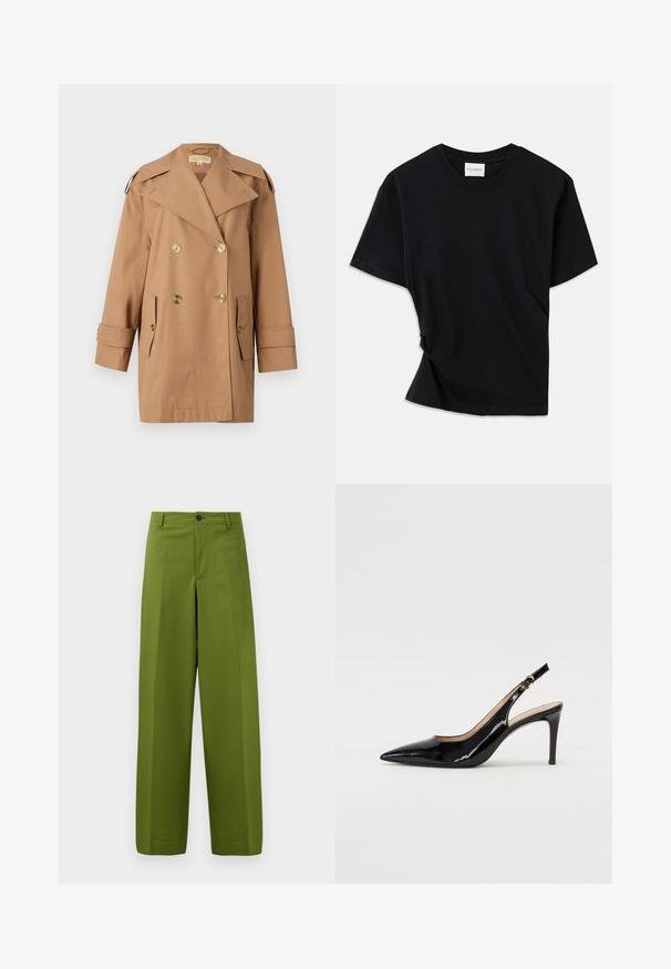 Barna, dupla gombos esőkabát, amely pamutból készült. Nagy arany gombokkal, széles hajtókákkal és két elülső zsebbel rendelkezik. Közepes hosszúságú ujjak.; Fekete póló, puha pamutból készült, kerek nyakkivágással, rövid ujjakkal és enyhén csavart kialakítással, amely lazább illeszkedést biztosít.; Zöld, bő szárú nadrág sima anyagból. Egyetlen elülső gombos záródással és lapos elülső kialakítással rendelkezik.; Fekete lakk bőr kötött magassarkú cipő, hegyes orral és karcsú sarokkal, finom kivágásos dizájnnal. Az övön arany csatt található.