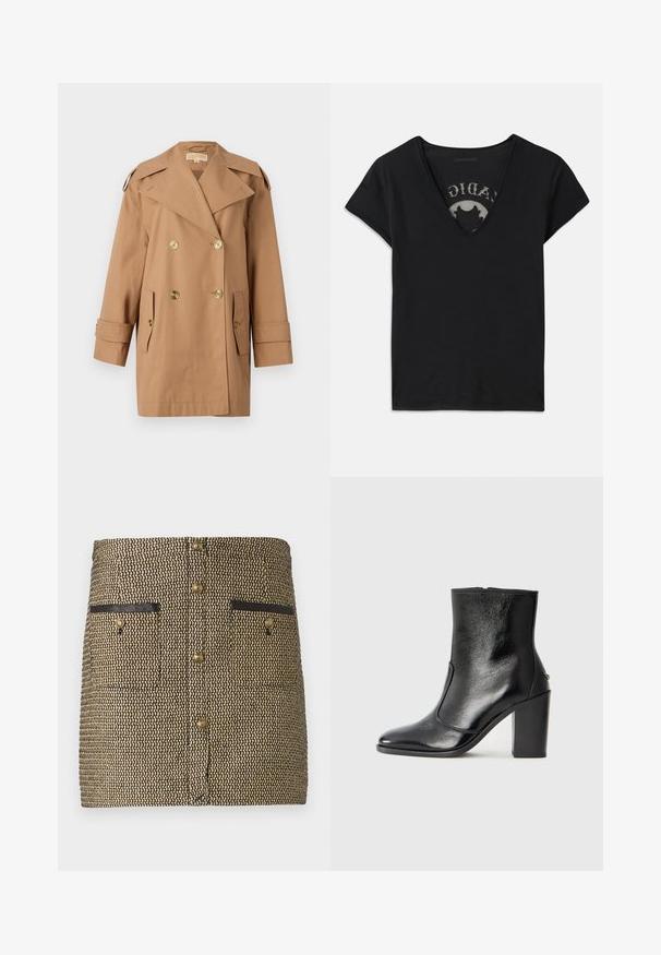 Palton bej din bumbac, cu dublu rând de nasturi. Prezintă nasturi mari aurii, rever lățit și două buzunare frontale. Mâneci de lungime medie.; Tricou negru cu mânecă scurtă și decolteu adânc în formă de V, având un panou din plasă și un design imprimat pe stratul interior. Material moale și respirabil.; Fustă țesută cu un model negru și auriu, două buzunare frontale cu accente negre și nasturi aurii pe centru.; Botină din piele neagră, cu o textură netedă, vârf ascuțit și toc gros, înalt. Dispune de o deschidere laterală și un design minimalist.