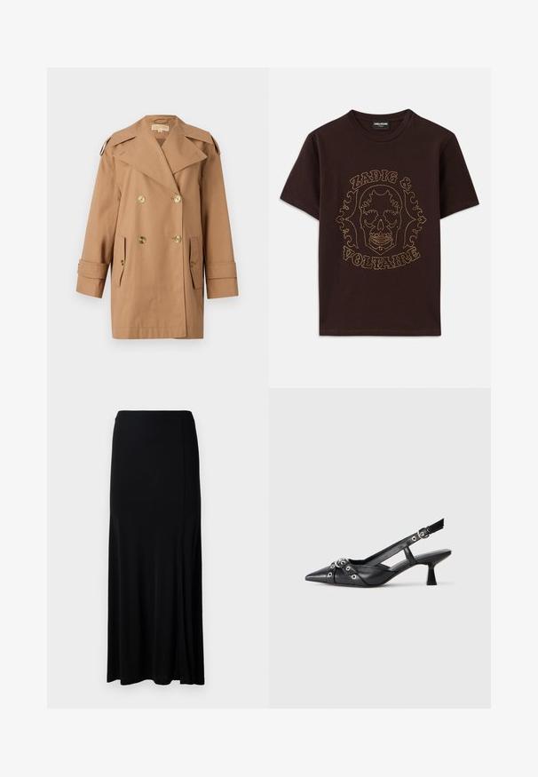 Brown double-breasted trench coat made of cotton. Features large gold buttons, wide lapels, and two front pockets. Mid-length sleeves.; Black t-shirt made of cotton, featuring a skull graphic outlined in gold studs with "Zadig & Voltaire" text, short sleeves and crew neck.; Black maxi skirt made from a smooth fabric, featuring a side slit, elastic waistband, and a straight cut for a minimalist design.; Black leather slingback shoe with a pointed toe, decorative straps featuring metal eyelets, and a low block heel. Textured surface.