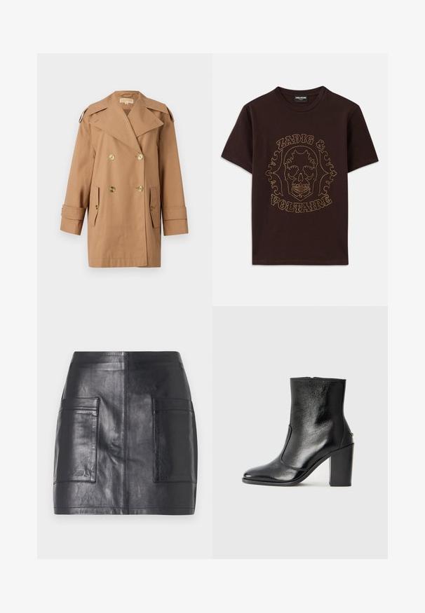 Brown double-breasted trench coat made of cotton. Features large gold buttons, wide lapels, and two front pockets. Mid-length sleeves.; Black t-shirt made of cotton, featuring a skull graphic outlined in gold studs with "Zadig & Voltaire" text, short sleeves and crew neck.; Black leather mini skirt featuring two side pockets, smooth texture, fitted design, and clean lines without additional embellishments.; Black leather ankle boot with a smooth texture, pointed toe, and a chunky high heel. Features a side opening and minimalistic design.