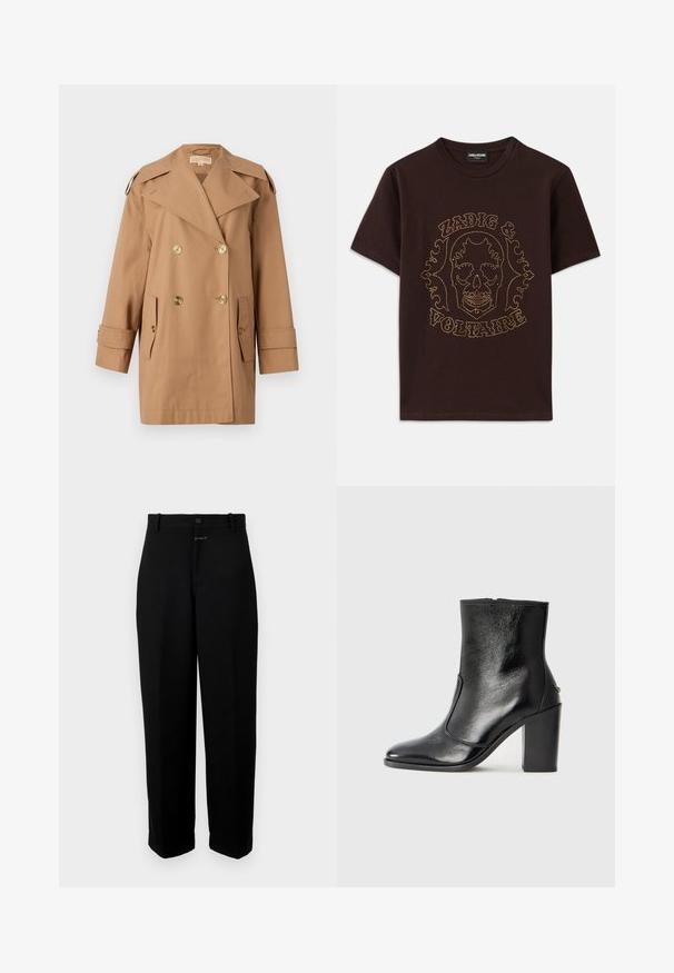 Rjav dvoredni trench plašč iz bombaža. Opremljen z velikimi zlatimi gumbi, širokimi reverji in dvema sprednjima žepoma. Srednje dolgi rokavi.; Črna majica s kratkimi rokavi, izdelana iz bombaža, z grafiko lobanje obrobljeno z zlatimi žebljički ter napisom "Zadig & Voltaire", okroglo izrezana.; Črne hlače iz gladkega materiala, z gumbom za zapiranje, zanka za pas in ravnim krojem.; Črne usnjene gležnarske čevlje z gladko teksturo, koničastim nosom in debelim visokim petam. Imajo stransko odprtino in minimalističen dizajn.