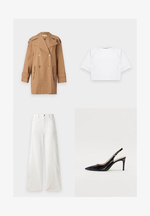 Cappotto trench doppiopetto marrone realizzato in cotone. Caratterizzato da grandi bottoni dorati, ampi risvolti e due tasche frontali. Maniche di lunghezza intermedia.; T-shirt bianca cropped realizzata in tessuto morbido, con maniche corte, scollo rotondo e dettagli a costine sull'orlo. Design semplice e senza fronzoli.; Jeans a gamba larga bianchi in denim con ricami laterali e design tradizionale a cinque tasche. Chiusura con zip e bottone.; Pumps slingback in pelle verniciata nera con punta affilata, tacco sottile e un design con ritagli delicati. Caratterizzate da una fibbia dorata sul cinturino.