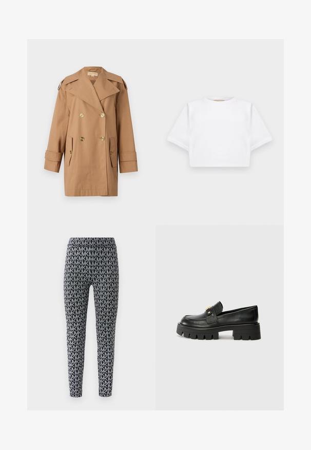 Bruine dubbele trenchcoat gemaakt van katoen. Voorzien van grote gouden knopen, brede revers en twee voorzakken. Middellange mouwen.; Gemiddelde witte T-shirt gemaakt van zachte stof, met korte mouwen, een ronde halslijn en geribbelde zoomdetails. Eenvoudig en ongecompliceerd ontwerp.; Zwarte en grijze leggings met een algeheel patroon van in elkaar grijpende letters. De tailleband is elastisch en heeft een slanke pasvorm rond de benen.; Zwarte leren instappers met een chunky zool, met een goudkleurige accent aan de voorkant en een gladde afwerking. Chunky profielontwerp op de zool.