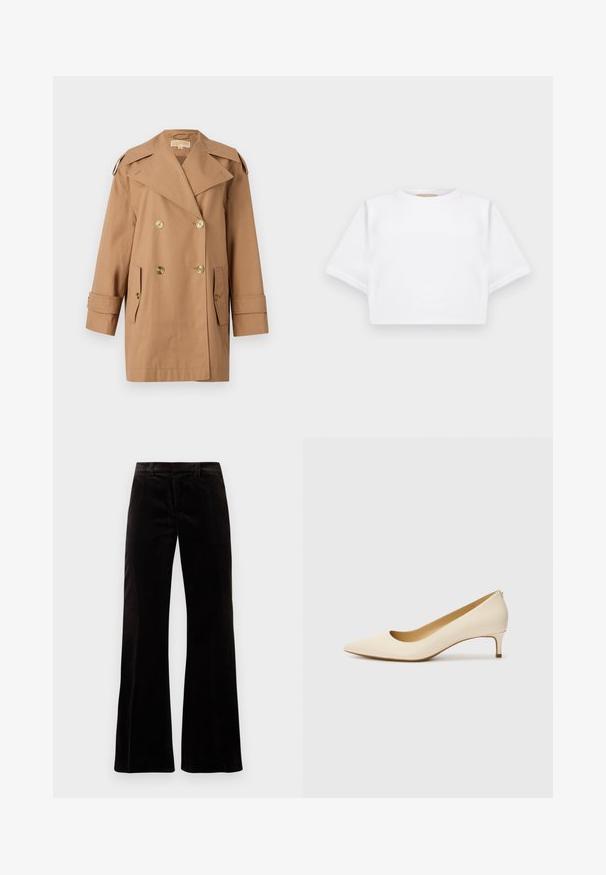 Pruun topeltkliendiga vihmamantel, mis on valmistatud puuvillast. Omab suuri kuldseid nööpe, laiu krae ja kahte esikotti. Keskmise pikkusega varrukad.; Lühikeste varrukatega, pehmest kangast lõigatud valge T-särk, millel on ümar kaelus ja soonikuga ääred. Lihtne ja ilma kaunistusteta disain.; Musthave mustridvad ootetooted püksid on mustad, oma struktureeritud vöökoha, siledast tekstuurist ja laiade säärte avadega, luues lõdva silueti.; Beige teravikuga kingad, mis on valmistatud siledast sünteetilisest materjalist, madala kontsaga ja libistatava disainiga, millel on tagasihoidlik seljaosa detail.