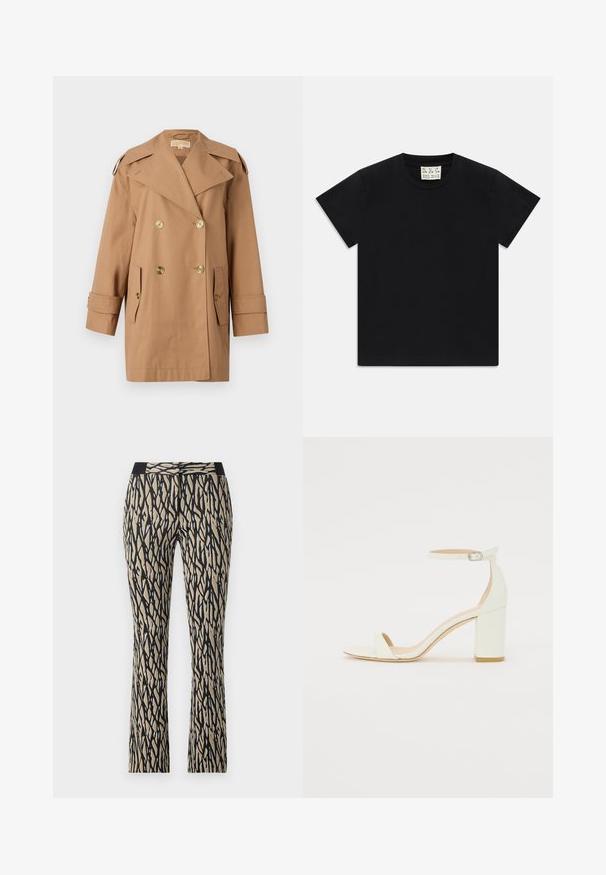 Brown double-breasted trench coat made of cotton. Features large gold buttons, wide lapels, and two front pockets. Mid-length sleeves.; Black short-sleeve crew neck t-shirt with a white tag inside the collar labeled "D.R.C. EST. 2002" on a white background.; Black and beige patterned pants with a fitted waistband, featuring a abstract stripe design, crafted from a soft, stretchy fabric.; White leather block-heel sandal featuring an ankle strap with a buckle and minimalist design. Open toe and smooth textures throughout.