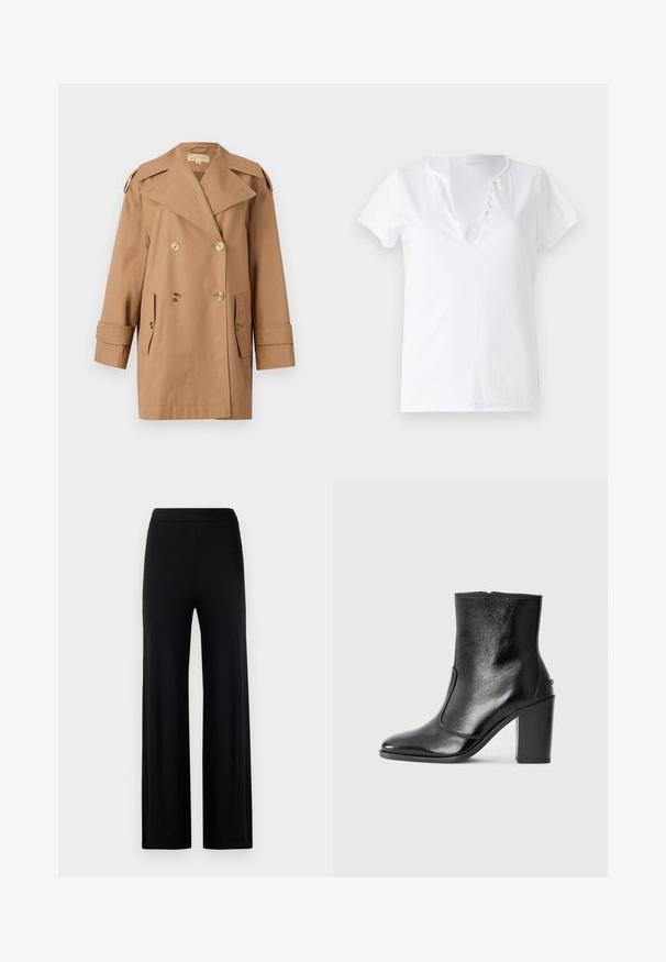 Brūns dubultās krūtis pūķis, kas izgatavots no kokvilnas. Iespējas ietver lielus zeltainus pogas, plašus atlokos un divas priekšējās kabatas. Pusgaras piedurknes.; Balta kokvilnas T-kreklis ar īsām piedurknēm, brīvpiekļuve, un V-veida kakla izgriezums ar piecām dekoratīvām pogām.; Melni platie bikses, izgatavotas no gludas, elastīgas auduma. Iespējojama elastīga josta un bez redzamām aizdarēm vai kabatām.; Melnas ādas potīšu zābaki ar gludu tekstūru, smailu purngalu un masīlu augstu papēdi. Iekļauts sānu atvērums un minimālistisks dizains.