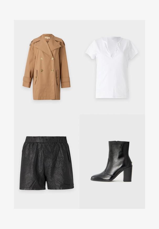 Brown double-breasted trench coat made of cotton. Features large gold buttons, wide lapels, and two front pockets. Mid-length sleeves.; White cotton t-shirt with short sleeves, a relaxed fit, and a V-neckline featuring a placket with five decorative buttons.; Black shorts made from crinkled material, featuring an elastic waistband with two buttons, knee-length cut, and smooth texture.; Black leather ankle boot with a smooth texture, pointed toe, and a chunky high heel. Features a side opening and minimalistic design.