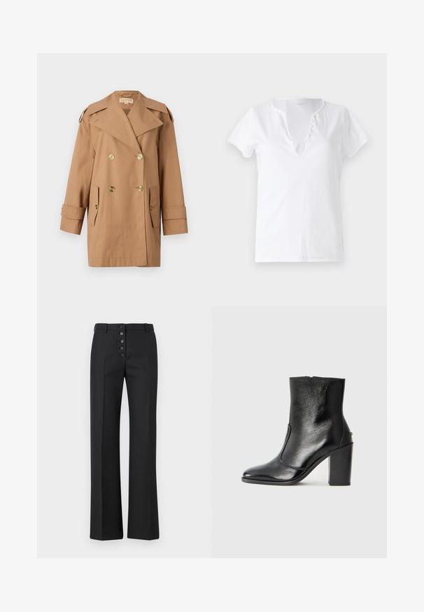 Hnedý dvojradový trenčkot vyrobený z bavlny. Obsahuje veľké zlaté gombíky, široké klopy a dve predné vrecká. Rukávy sú strednej dĺžky.; Biele bavlnené tričko s krátkymi rukávmi, vo voľnom strihu a s výstrihom do V, ktorý má záhyb s piatimi dekoračnými gombíkmi.; The Kooples PANTALON - Nohavice - black; Čierna kožená kotníková obuv s hladkým povrchom, špicatou špičkou a masívnym vysokým podpätkom. Zdobená bočným otvorom a minimalistickým dizajnom.