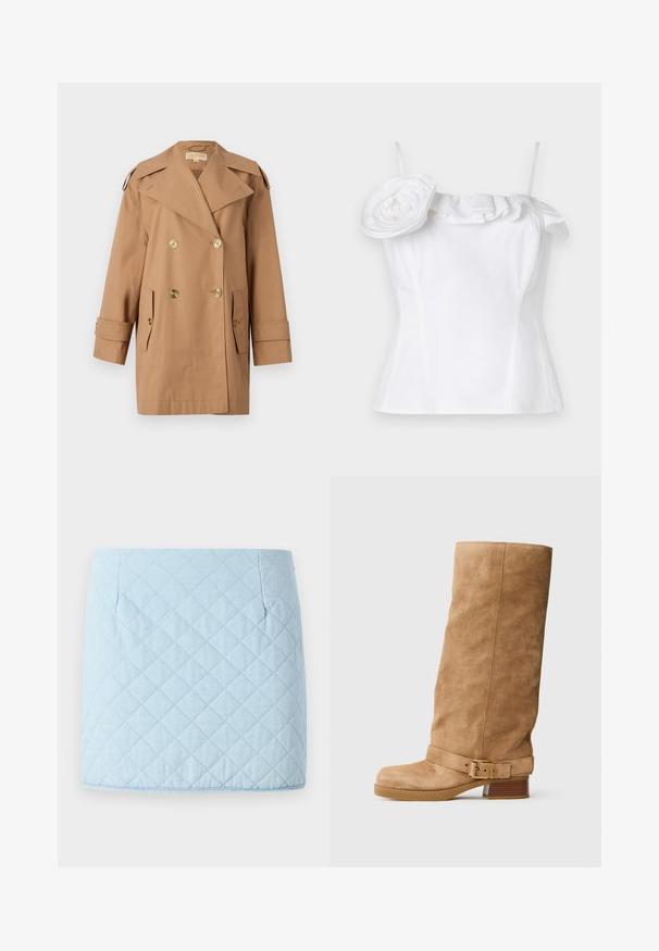 Trench coat marrón de doble botonadura hecho de algodón. Presenta grandes botones dorados, amplias solapas y dos bolsillos frontales. Mangas de longitud media.; Top blanco sin mangas con un escote con volantes y una gran flor decorativa acentuando un lado; textura suave, diseño ajustado.; Falda acolchada de color azul claro con un patrón de diamantes, que cuenta con dos bolsillos laterales y un dobladillo recto. Elaborada con una tela texturizada.; Bota de ante en tono marrón claro, de media caña, con un bajo tacón apilado, puntera redonda y una correa ajustable con un hebilla dorada alrededor del tobillo.