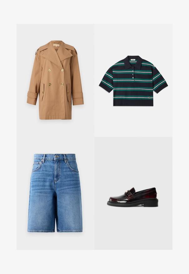 Brązowy dwurzędowy płaszcz trencherowy wykonany z bawełny. Zawiera duże złote guziki, szerokie klapy i dwie przednie kieszenie. Rękawy o średniej długości.; Granatowa koszulka polo w paski z krótkimi rękawami, z turkusowymi, białymi i szarymi paskami. Trzyguwkowy zapięcie i detal z logo na dole.; Jasnoniebieskie szorty dżinsowe z wysokim stanem, szerokimi nogawkami, pięcioma kieszeniami oraz obszywaniem na krawędziach.; Skórzane loafersy w ciemnym burgundzie o błyszczącej wykończeniu. Posiadają szyty wierzch, przedni pasek oraz płaską gumową podeszwę.