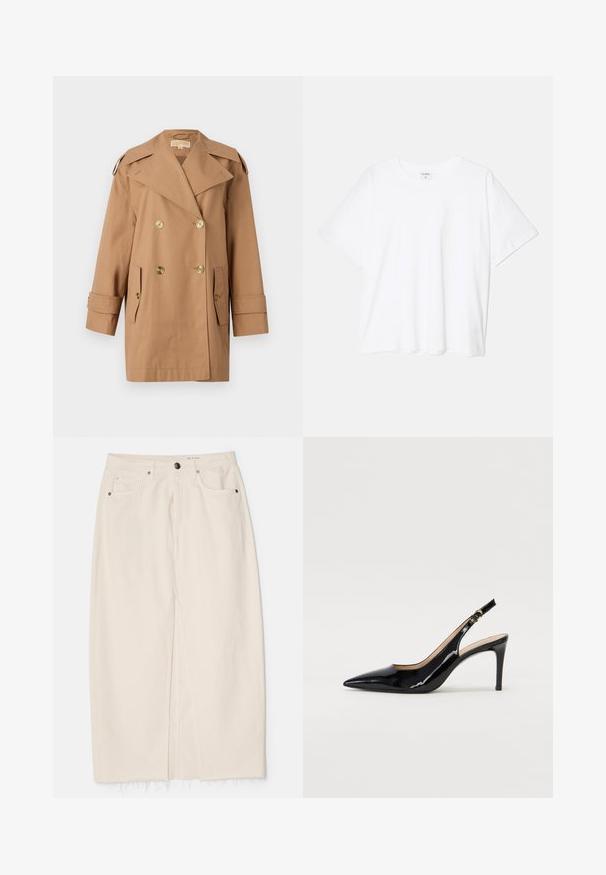Manteau trench beige à double boutonnage en coton. Équipé de grands boutons dorés, de larges revers et de deux poches avant. Manches mi-longues.; T-shirt en coton blanc avec des manches courtes, un col rond, une coupe décontractée et un ourlet cousu. Étiquette visible à l'intérieur du col.; rag & bone AVERY SKIRT - Jupe en jean - ecru; Pompe slingback en cuir verni noir avec un bout pointu, un talon fin et un design de découpes subtil. Elle dispose d'une boucle dorée sur la sangle.